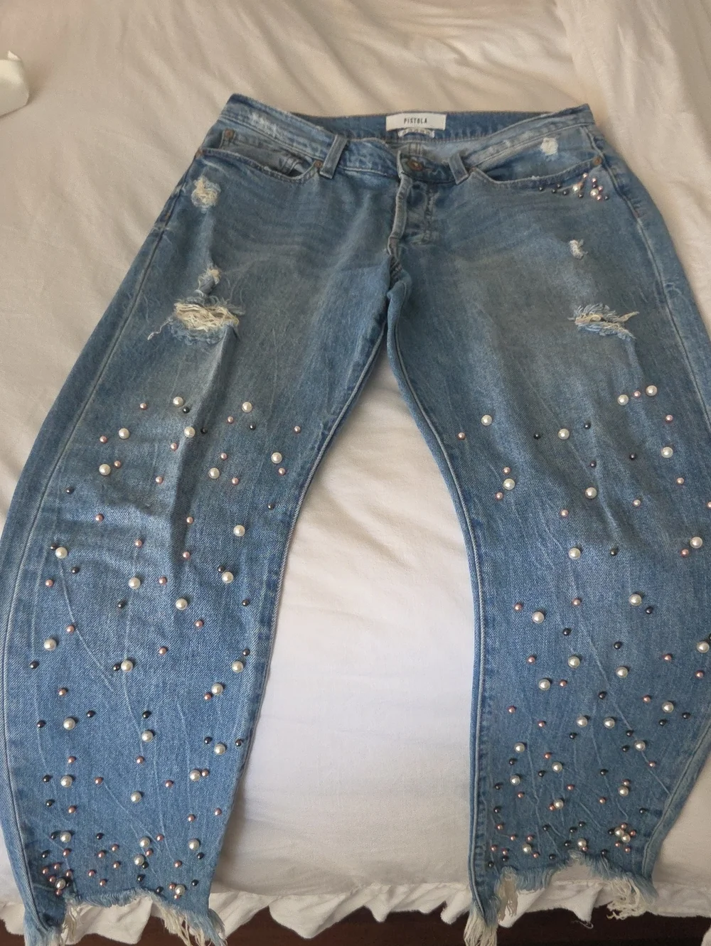 Pistola Women’s Light Blue Distressed Pearl-Embellished Jeans